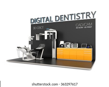 Digital Dentistry Concept. Input Patient Facial Data By Dental CT, Then Send To Chair Side Comment. Tooth Impression Could Be Scan By CT Or 3D Scanner, Print By 3D Printer. Original Design.