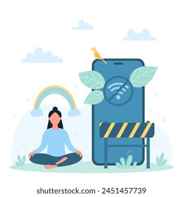 Digital detox, freedom from addiction illustration. Cartoon tiny woman sitting in lotus yoga pose without information from news and social media, wireless network block on phone screen - Powered by Shutterstock