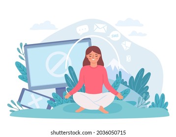 Digital Detox. Woman In Lotus Pose Meditate And Take Break From Internet, Phone And Social Networks. Disconnect Offline Life  Concept. Digital Social Media Offline, Cartoon Meditation