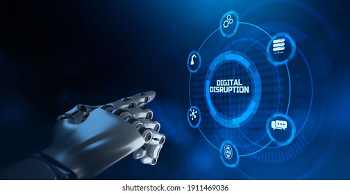 Digital disruption digitalization innovation internet technology concept. Robotic arm 3d rendering.