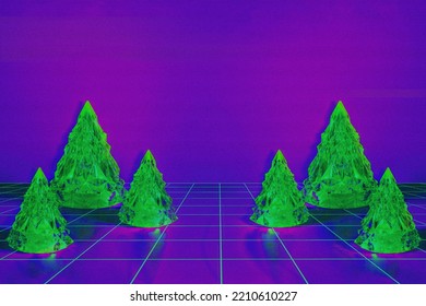 Digital Distorted Interlaced Christmas Trees On Abstract Futuristic Cyberpunk Background With Motion Glitch Effect. Retro Futurism, Cyber Xmas Vaporwave Design, Rave 80s 90s Aesthetic, Copy Space