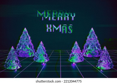 Digital Distorted Interlaced Christmas Trees On Abstract Futuristic Cyberpunk Background With Motion Glitch Effect. Retro Futurism, Cyber Xmas Vaporwave Design, Rave 80s 90s Aesthetic, Copy Space