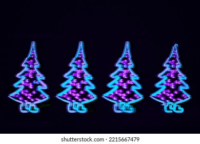 Digital Distorted Interlaced Christmas Trees Neon Lights. Modern Cyberpunk Background With Motion Glitch Effect. Retro Futurism, Cyber Xmas Vaporwave Flyer Design, Rave 80s 90s Aesthetic, Copy Space