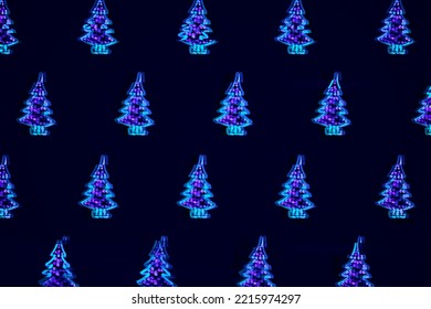 Digital Distorted Interlaced Christmas Trees Neon Lights Pattern. Modern Cyberpunk Background With Motion Glitch Effect. Retro Futurism, Cyber Xmas Vaporwave Flyer Design, Rave 80s 90s Aesthetic