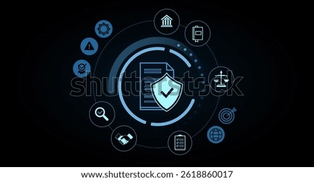 Digital document with shield icon surrounded by legal, compliance, and security symbols in futuristic circular interface on dark background, concept of data protection, 3D Rendering