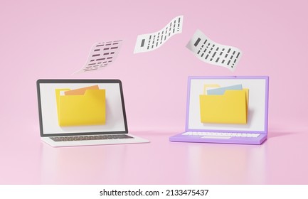 Digital Document Transfer Into On Two Computer Laptop, Email Marketing Concept. Cartoon Minimal, Service File Information, Banner, On Pink Pastel Background. 3d Render Illustration