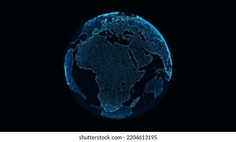 Digital dotted planet earth isolated on a black background fit for layer compositing. Stylized world globe with glowing particle dots. Big data technology, communication, digital concept. 3D render