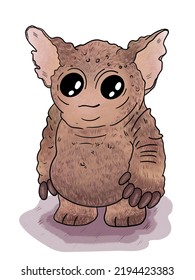 Digital Drawing Of A Cartoon Character. Cute Fluffy Alien With Big Eyes And Ears. Illustration For Stickers, Prints, Decoration And Design.