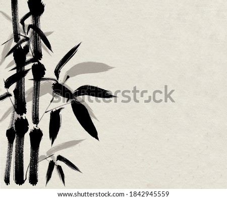 Digital drawing Chinese brush painting style illustration of bamboo shoots and leaves on left side of picture with space for text haiku poem or note on right side 