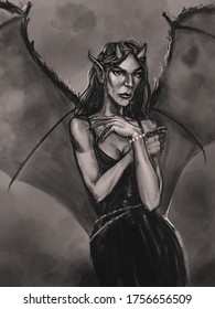 Digital drawing of a female succubus with bat wings posing with her arms crossed - digital fantasy illustration