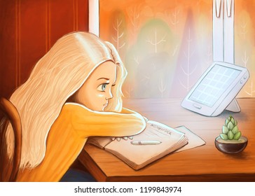 Digital Drawing Of A Girl Sitting In Front Of Her SAD Lamp