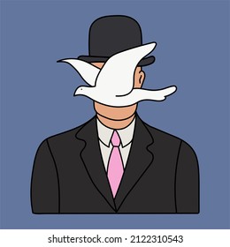 Digital Drawing Inspired By The Work Of Artist René Magritte, Surrealist Art, Man With Hat And Pigeon On His Face