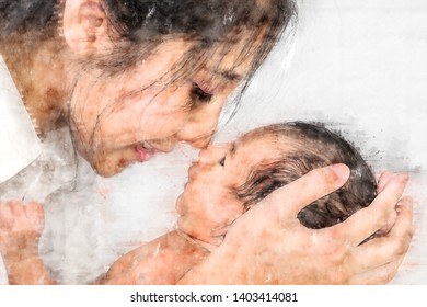 digital drawing of mother holding her infant baby boy - Powered by Shutterstock