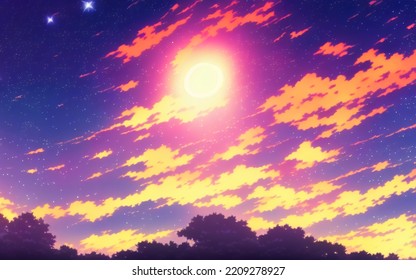 Digital Drawing Of A Starry Sunset.