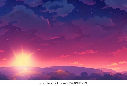 Digital Drawing Of A Starry Sunset, Soft Illustration, Aesthetic, Wallpaper.