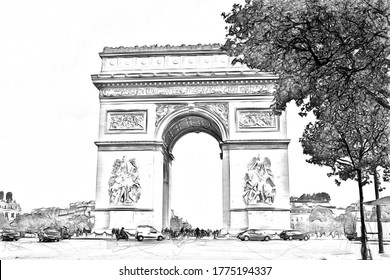 Digital drawing style representing a glimpse of the Arc de Triomphe in Paris