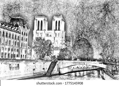 Digital drawing style that represents an evening glimpse of the Notre Dame cathedral seen from a nearby canal