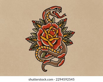 Digital drawing in traditional tattoo art style full colored snake wrapped around rose blossom old paper background