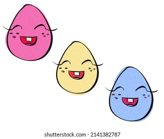 Digital drawn individual digital drawn pattern with three pink, yellow and blue Easter eggs on the white background.