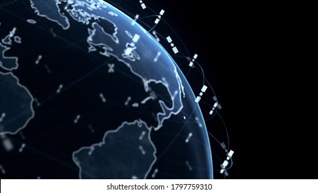 Digital Earth Data Globe - Abstract 3D Rendering Satellites Starlink Video Network Connection The World. Satellites Create Oneweb Or Skybridge Surrounding Planet Conveying Complexity Big Data Flood