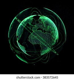 Digital Earth Hologram Planet Made In Green Color With Optical Flares And A Halo