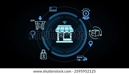 Digital e-commerce concept with a store icon surrounded by shopping, delivery, and payment symbols in a futuristic 3D rendering on dark background