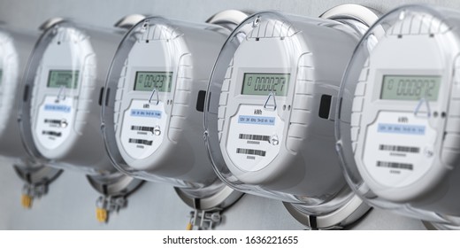 Digital Electric Meters In A Row Measuring Power Use. Electricity Consumption Concept. 3d Illustration