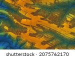 Digital elevation model of a forest area with a swamps. GIS 3D illustration made after proccesing aerial pictures taken from a drone. Lidar scan and multispectral camera gives NDVI and NIR effect