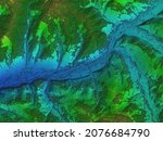 Digital elevation model. GIS 3D illustration made after proccesing aerial pictures taken from a drone. It shows the urban area of a scattered narrow village set in a valley