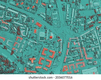 Digital elevation model. GIS 3D illustration made after proccesing aerial pictures taken from a drone. It shows city urban area with roads and junctions