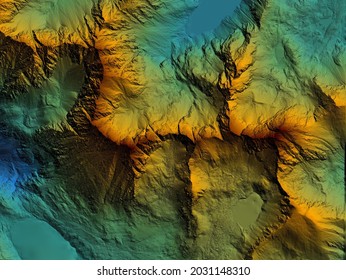 Digital elevation model. GIS product made after proccesing aerial pictures taken from a drone. It shows high rocky and steep mountain peaks. At their feet are visible valleys and mountain lakes
