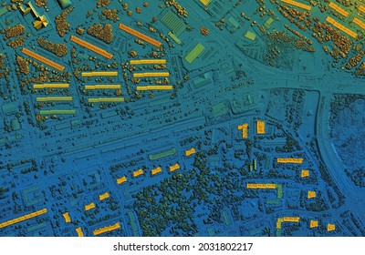 Digital elevation model. GIS product made after proccesing aerial pictures taken from a drone. It shows city urban area with roads and suburbs