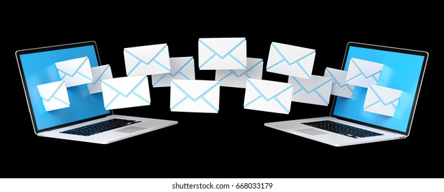 Digital e-mails flying through devices screens on black background 3D rendering