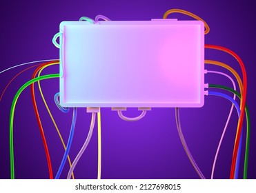 digital empty display. Digital copy space. Place for offer on purple. High tech monitor. Wires are connected to white panel. Template for your promotional offer. Hightech mock up. 3d rendering.