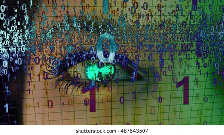 Digital Eye Concept. Grids and Numbers in Front of Eye With Blending Mode.