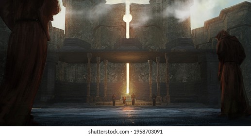 Digital fantasy painting of a group of worshipers at a sun temple conducting a ritual - 3D Illustration