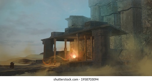 Digital fantasy painting of a magic ritual in a desert temple by a cult of mysterious monks - 3d illustration