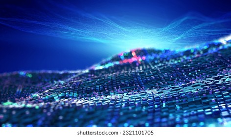 Digital field, informational data flow. Data storage and protection. Computer circuit and motherboard. Cyberspace, cyber city, cyberpunk background. 3d illustration of an array of rectangles