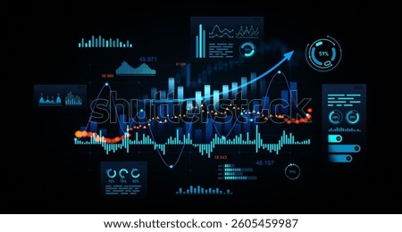 Digital financial data dashboard with glowing graphs, charts, and futuristic interface elements on a dark background. Concept of business analytics. 3D Rendering