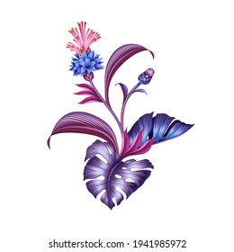 digital floral illustration, abstract botanical arrangement with blue purple tropical fantasy flowers