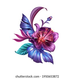 digital floral illustration, abstract botanical arrangement with blue purple tropical fantasy flowers