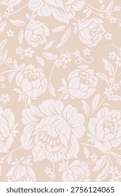 Digital floral seamless pattern with white dusty pink stylized peonies and roses on beige sand background. Elegant romantic silhouette style. Suitable for wallpaper, textile, wedding packaging, stationery and fashion.