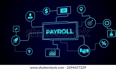 A digital flowchart depicting payroll processes with interconnected icons representing financial and HR business functions.