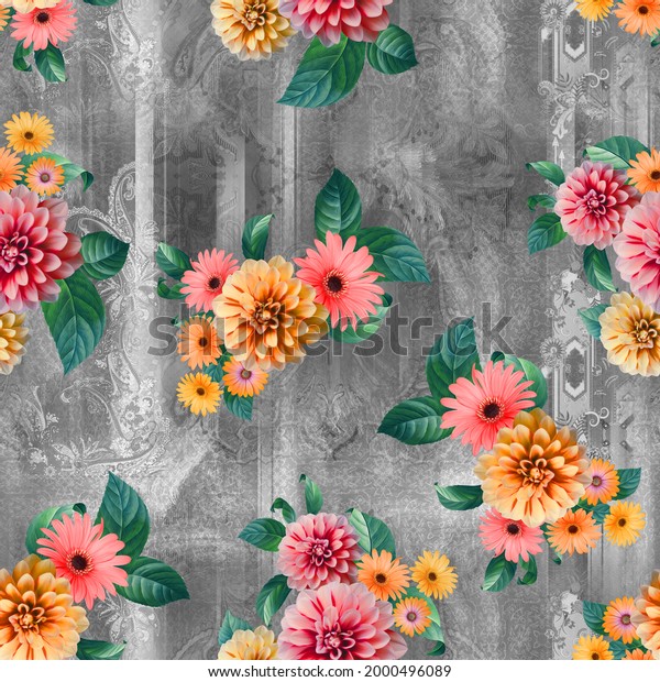 Digital Flower Pattern Gray Color Background Stock Illustration ...