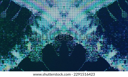 Digital fluid. Screen glitch. LCD distortion. Iridescent cyan blue pink color glow liquid crystal drops symmetrical pattern on dark abstract art illustration background.