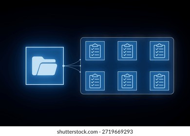 A digital folder is connected to several checklists shown in glowing outlines on a black background. The design shows organization and task handling in a simple way.