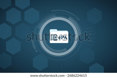 Digital folder icon with ePA text for the German electronic patient file system (Elektronische Patientenakte) in a modern circular interface on a dark blue geometric background.