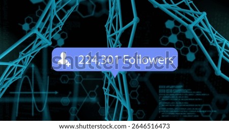Digital follower count notification over DNA strands and binary coding image. Technology, innovation, genetic, biotech, data, futuristic