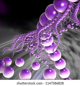 Digital fractal 3D design.Threads of beads of violet color on a light abstract background.