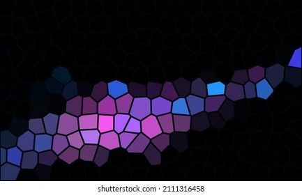 Digital Fragment Of Mosaic Or Puzzle Consists Of Blue Purple Violet Polygons. Glowing Pieces In Dark. Conceptual Geometric Flat Design. Digital Artwork. Great As Cover, Print, Blank, Poster.